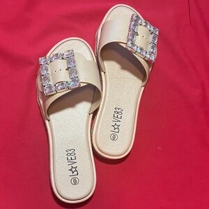 Women's Nude Slide Mules with Crystal Buckle